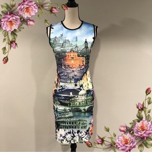 Sleeveless Multicolor Cityscape Bodycon Dress